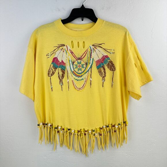 Brooks Tops - Vtg Brooks Top‎ Womens M Yellow Crop Feather Fringe Beaded Boho Distressed